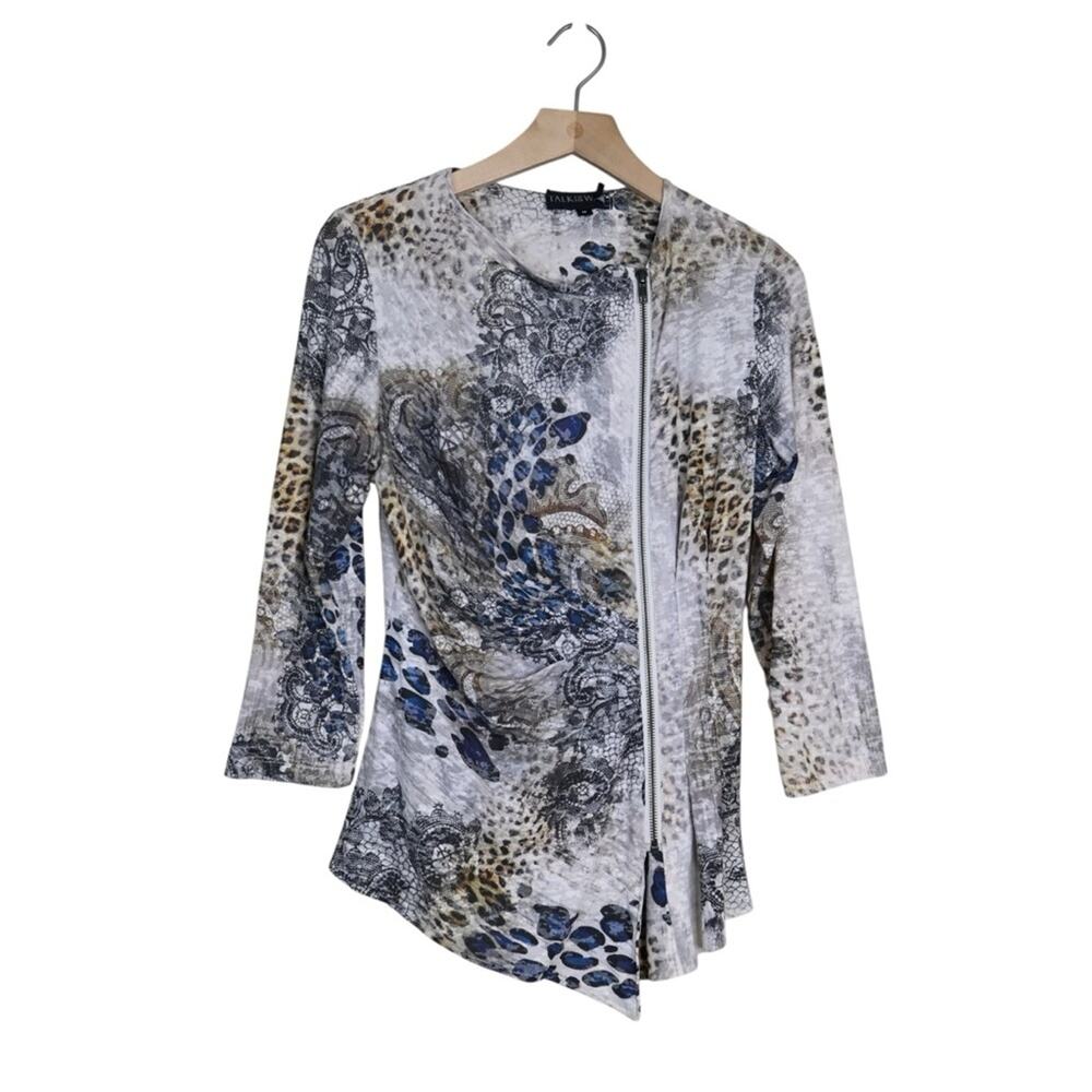 Talk of the Walk Women's M Zip Front Patterned 3/4 Sleeve Asymmetrical Hem Top